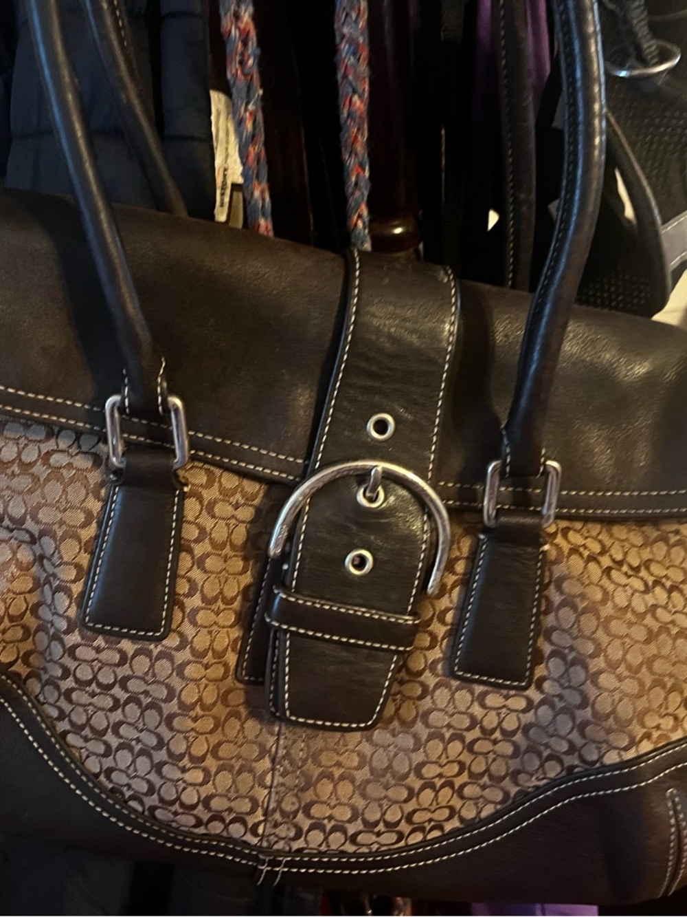 Coach Brown Logo Canvas and Dark Brown vintage soho signature flap satchel